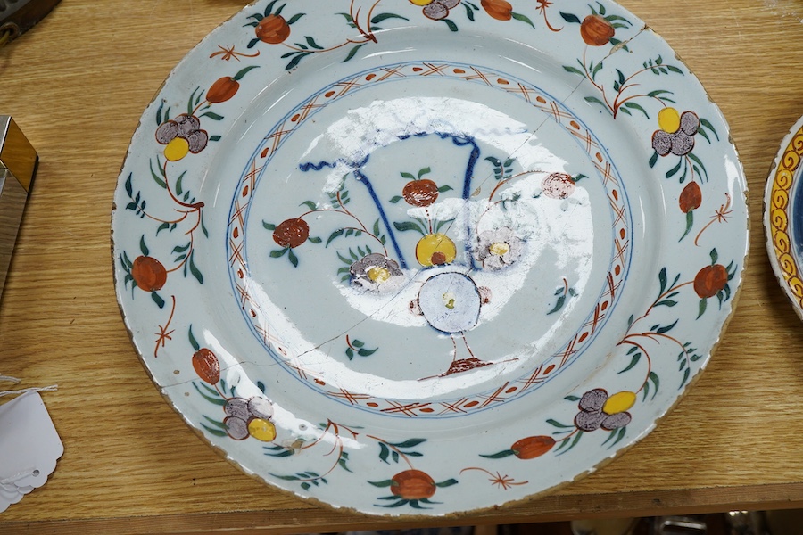 Two 18th century English delftware plates or dishes and two pearlware dishes, together with a Spode jug